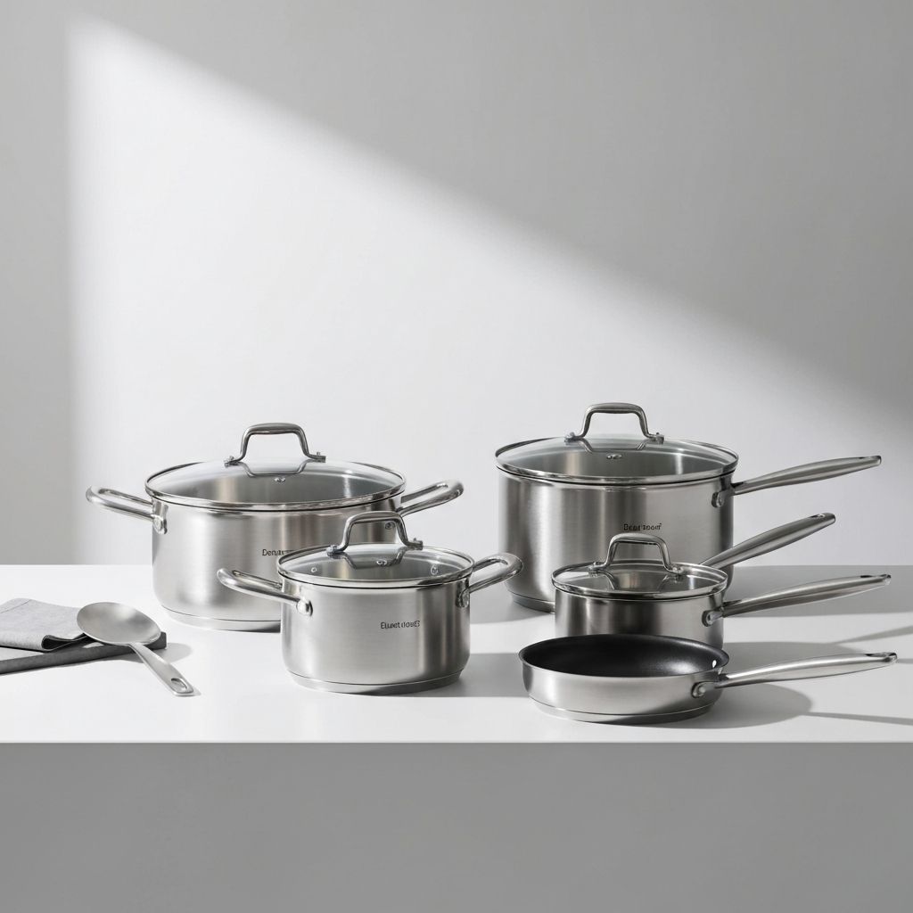 Revere Vista Collection featuring modern stainless steel cookware with glass lids